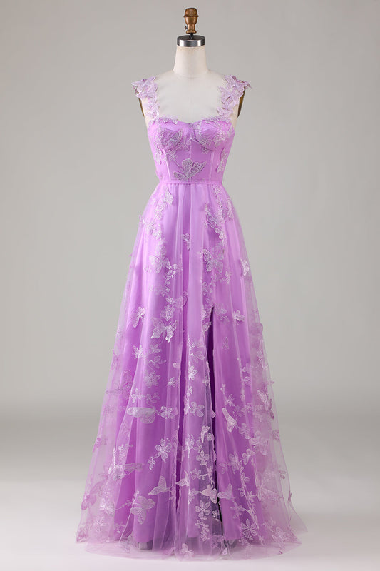 Purple A-Line Square Neck Corset Long Prom Dress with 3D Butterflies