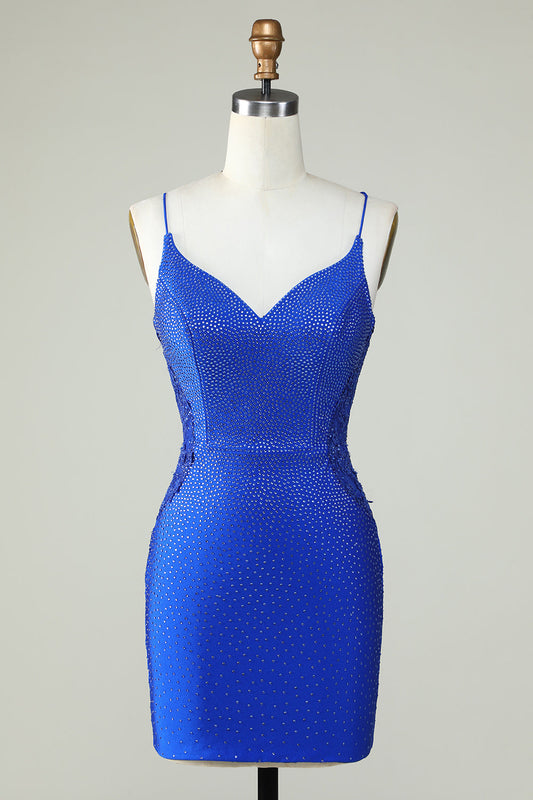 Sheath Spaghetti Straps Royal Blue Short Graduation Dress with Beading