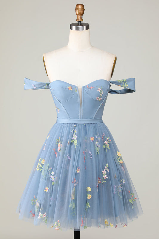 Robe Courte de Cérémonie de Remise de Diplôme Ligne A Cœur Gris Bleu Mignon avec Broderie
