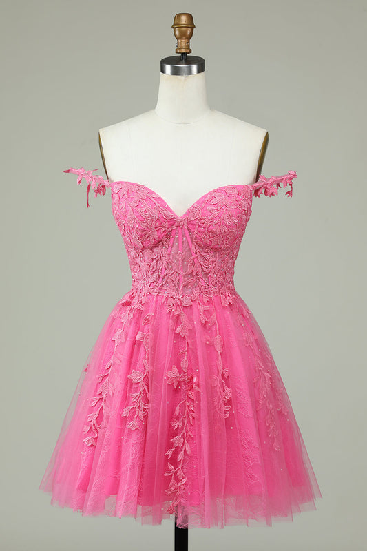 Jolie Robe Courte de Remise de Diplôme Rose avec Bretelles Fines et Applications, Coupe Trapèze