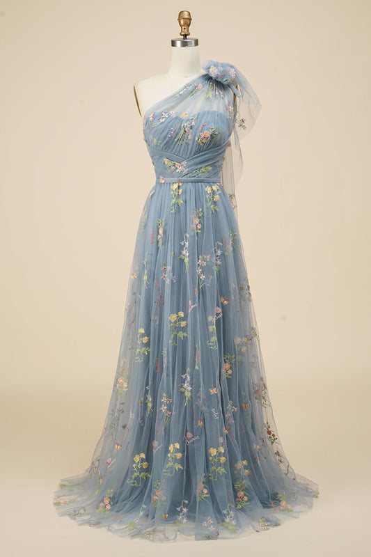 Robe de bal longue bleu gris évasée avec broderie