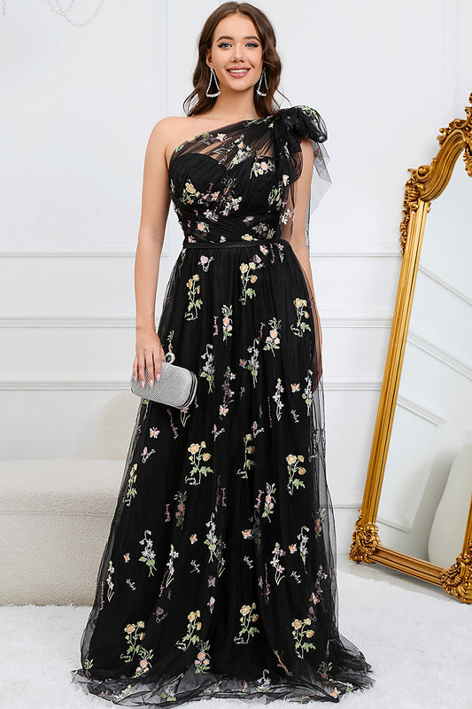 A-Line One Shoulder Black Long Prom Dress with Embroidery