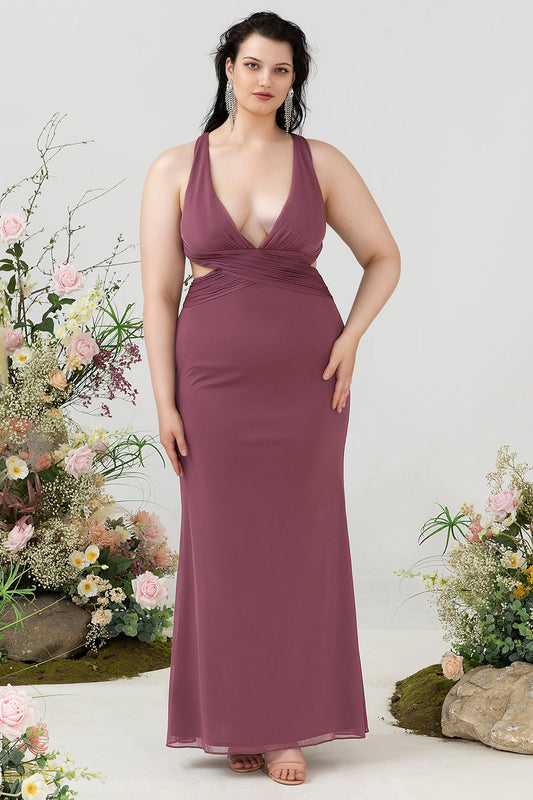 Sheath Deep V-Neck Desert Rose Plus Size Wedding Guest Dress with Criss-Cross Back