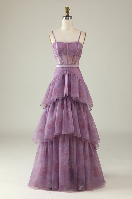Purple Printed A-Line Corset Prom Dress