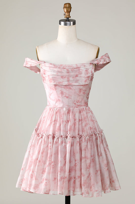 Robe courte de bal de fin d'année évasée à volants, imprimée blush