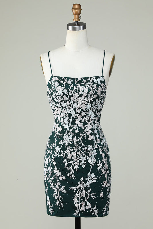 Dark Green Spaghetti Straps Bodycon Graduation Dress With Appliques
