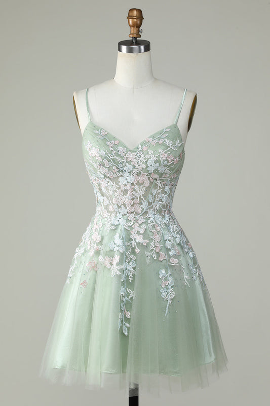 Dusty Sage Spaghetti Straps Graduation Dress With Criss Cross Back