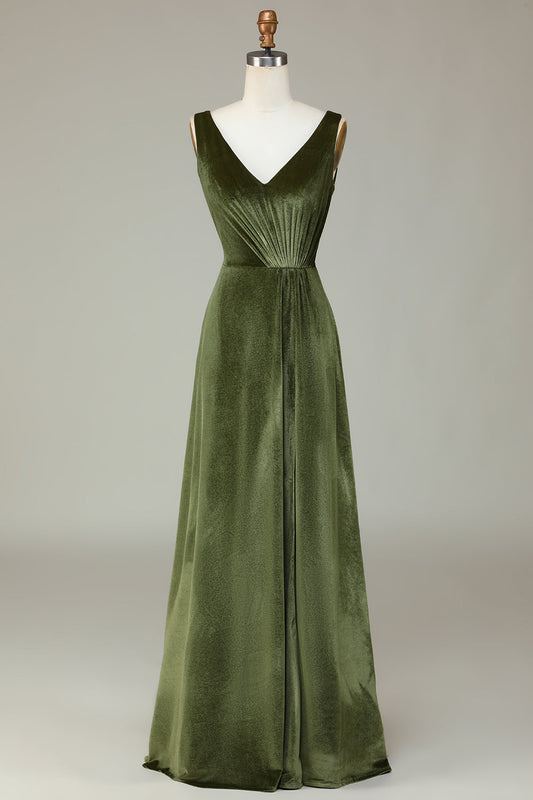 Robe de demoiselle d'honneur sans manches en velours olive à col en V