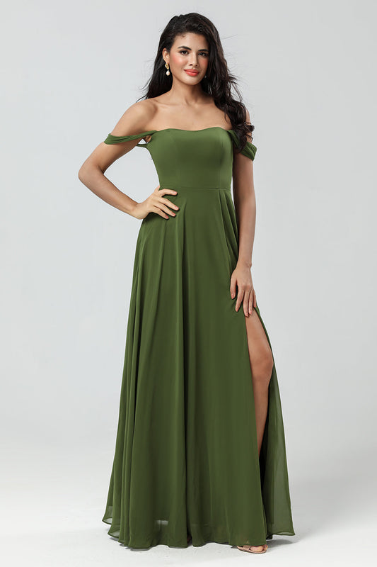 Off-the-Shoulder A-Line Olive Bridesmaid Dress with Slit