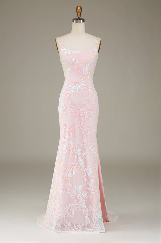 Sparkly Pink Mermaid Graduation Dress with Slit