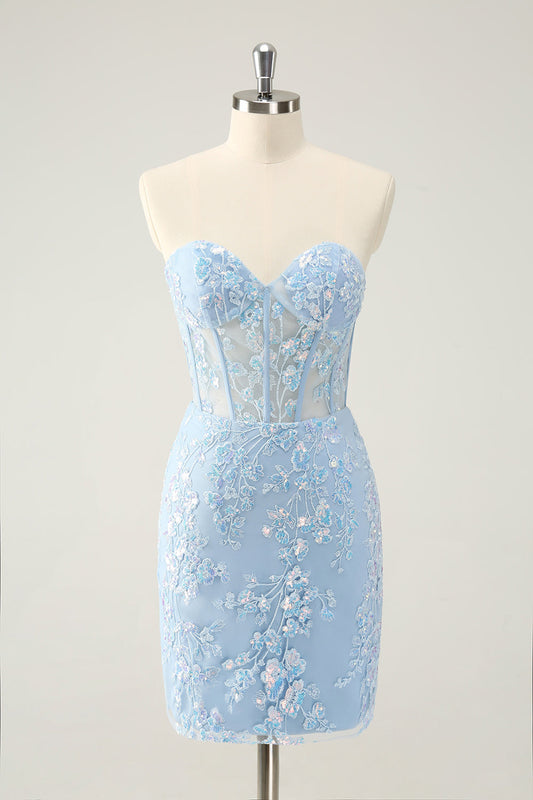 Robe de soirée courte moulante bleu clair en corset à sequins et décolleté en cœur avec dos à lacets