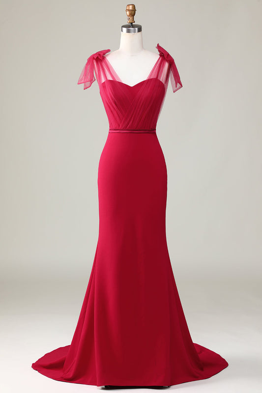 Vestido largo de satén borgoña corte sirena para dama de honor con lazos