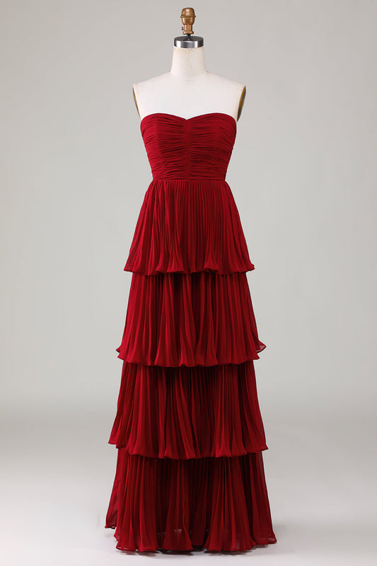 Robe de demoiselle d'honneur longue bordeaux bustier à volants