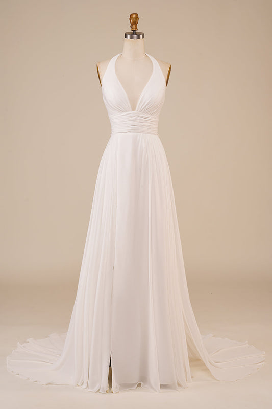 Robe de mariée A-Line dos nu ivoire avec fente et traîne balayage