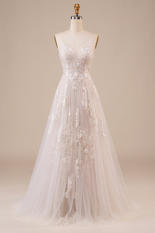 Robe de mariée longue en tulle, dos nu, ivoire, brodée