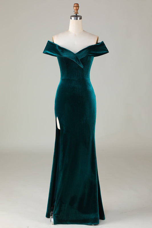 Off-the-Shoulder Peacock Green Velvet Mermaid Bridesmaid Dress With Slit