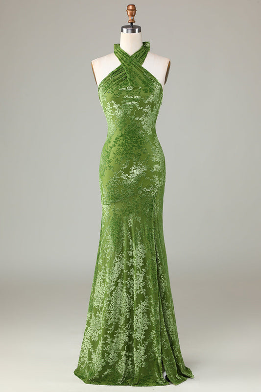 Robe de demoiselle d'honneur dos nu en velours olive