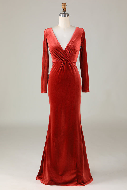 Robe demoiselle d'honneur longue à manches longues sirène terracotta en velours