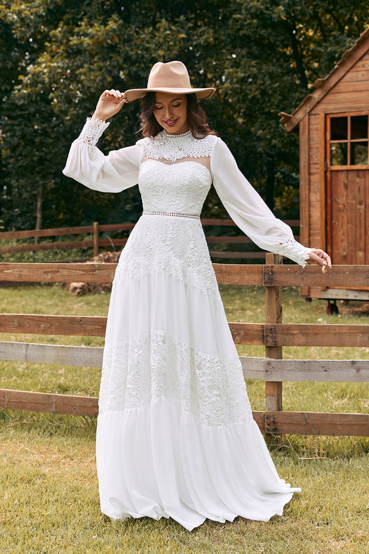 Robe de mariée bohème ivoire à manches longues en dentelle