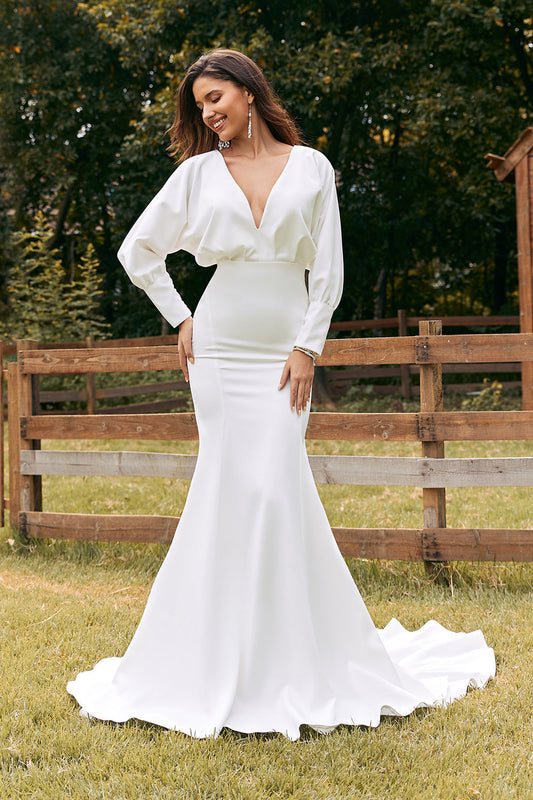 Robe de mariée sirène simple ivoire à manches longues