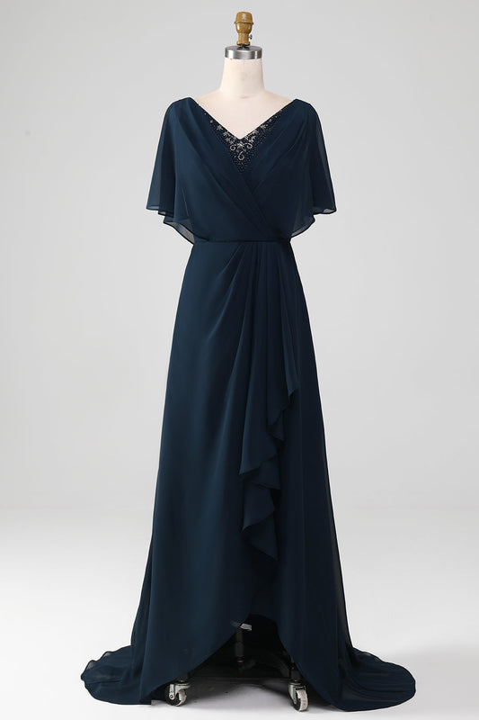 Robe mère de la mariée asymétrique bleu marine en ligne A, avec col en V, sequins et perles