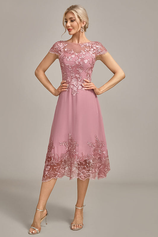 Robe de mère de la mariée trapèze longueur thé rose poudré avec paillettes