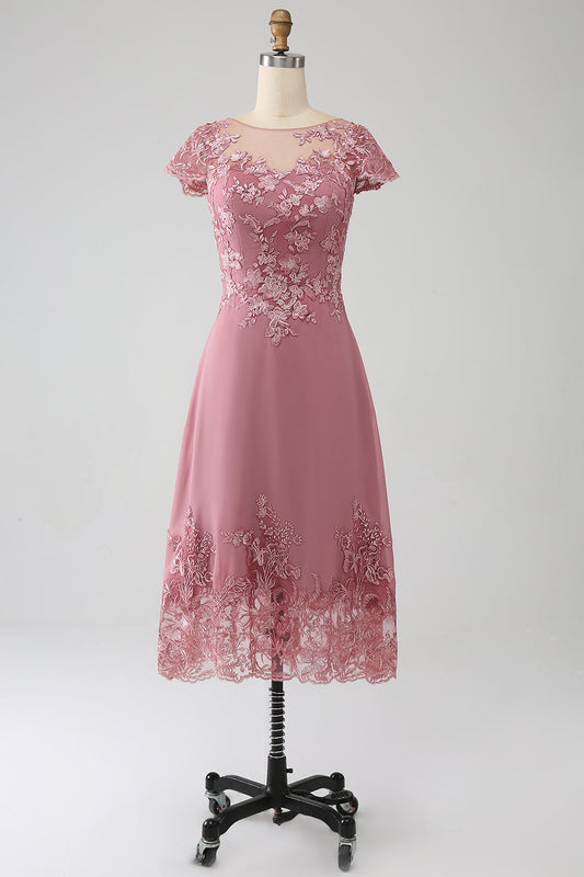 Robe de mère de la mariée trapèze longueur thé illusion en dentelle, couleur rose poudré et sequins