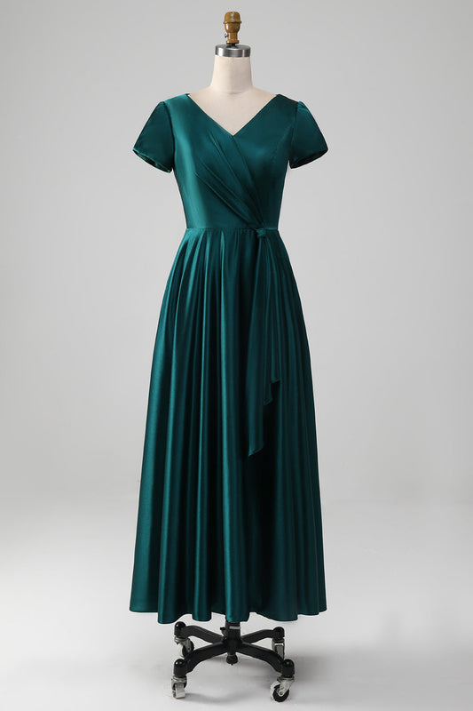 Robe de Mère de la Mariée Plissée Col V Coupe A-line en Satin Couleur Paon