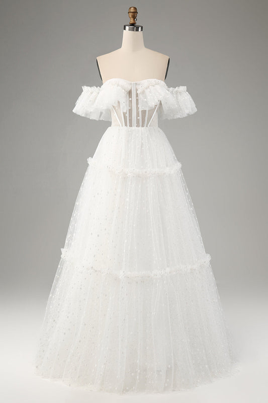 Ivory A-Line Off-the-Shoulder Tulle Wedding Dress