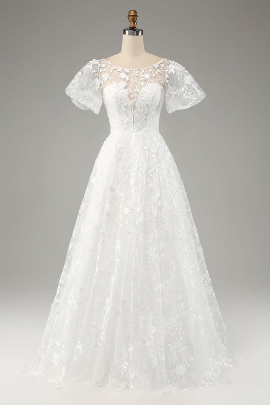 Ivory A-Line Wedding Dress with Puff Sleeves and Appliques
