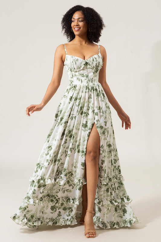 A-Line Spaghetti Straps Green Printed Long Bridesmaid Dress With Slit