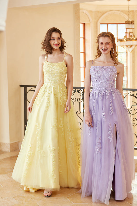 Magnifique Robe de Bal Longue Jaune avec Bretelles Fines et Applications, Coupe A-line