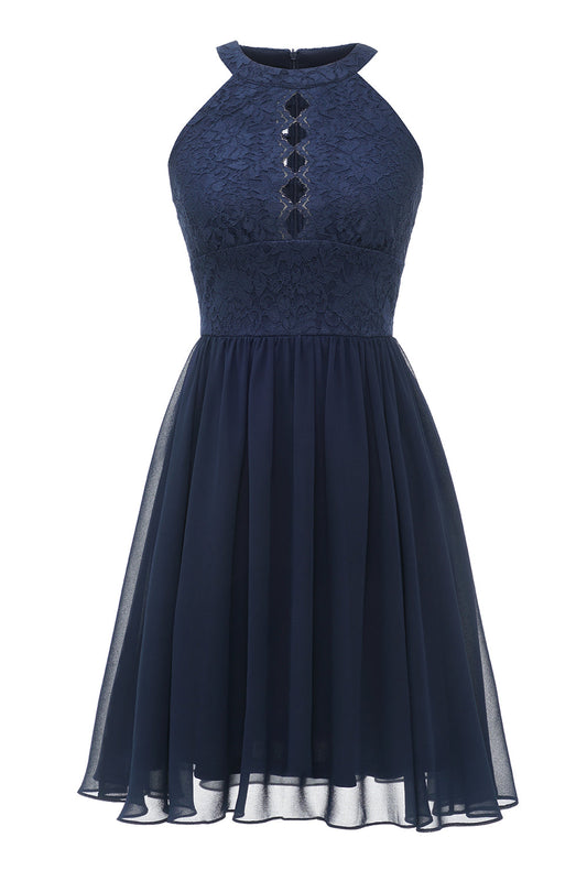 Robe de Soirée Évasée en Dentelle Bleu Marine à Encolure Halter