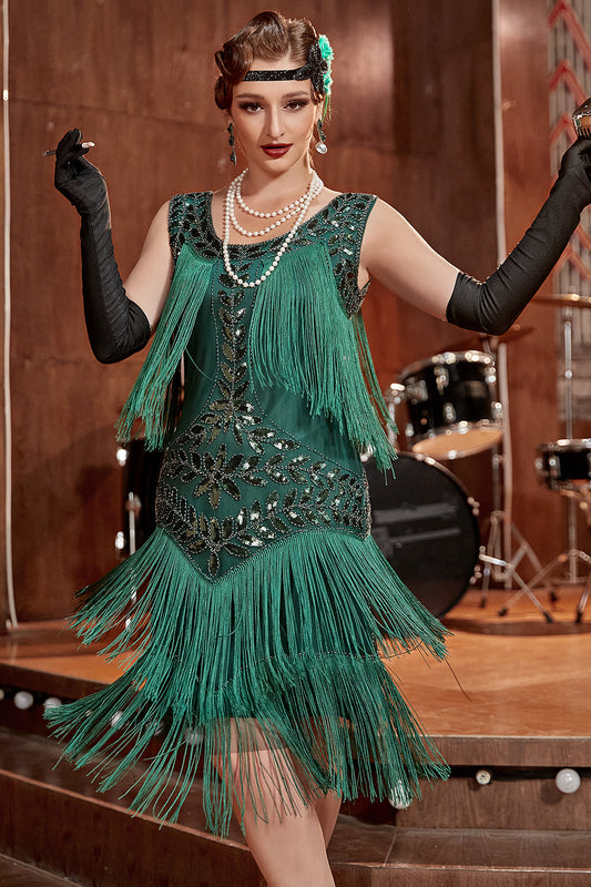 Robe Gatsby vert foncé des années 20 à sequins et franges
