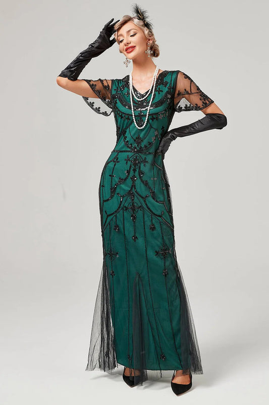Robe longue de soirée vert foncé à sequins années 20