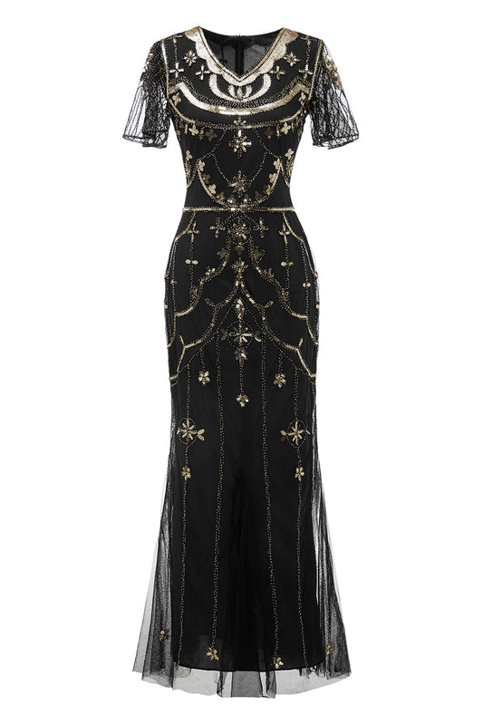Robe longue noire à sequins années 20