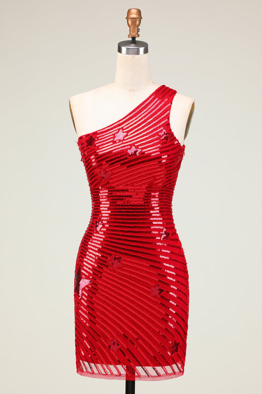 Robe De Bal Courte Rouge À Paillettes Étoiles Un Épaule Gaine