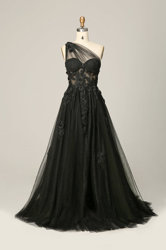 Robe de bal noire asymétrique à volants et perles