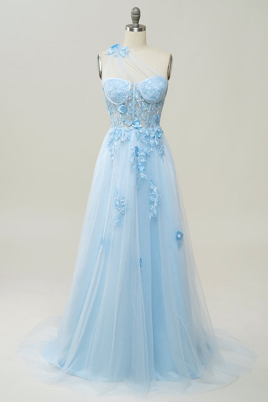 Robe de bal longue bleu ciel asymétrique A-Line avec appliqués