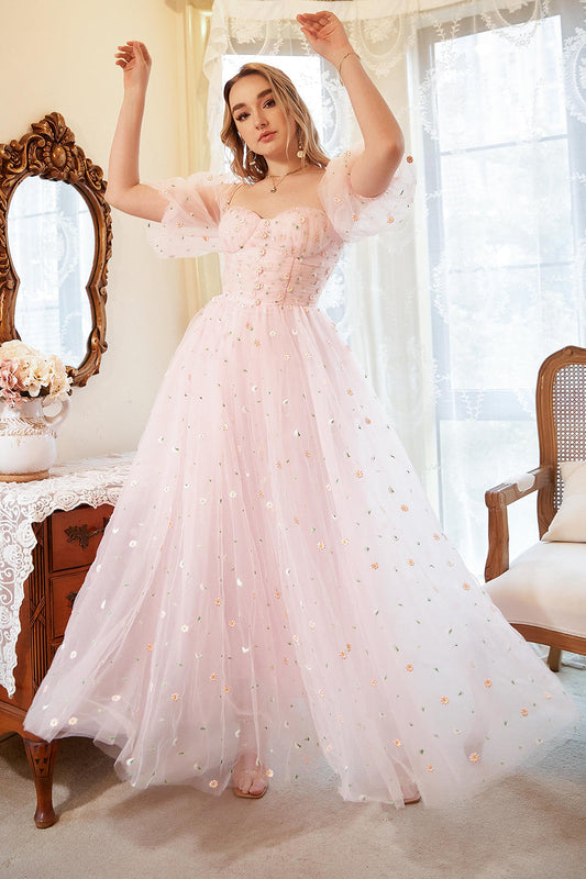 Robe de bal grande taille évasée rose poudré avec broderies et épaules dénudées