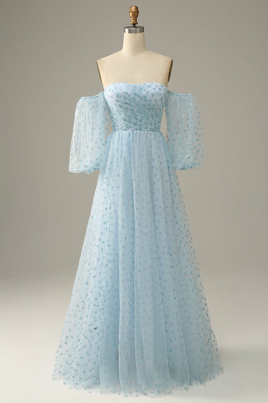 Robe de bal bleu ciel à épaules dénudées