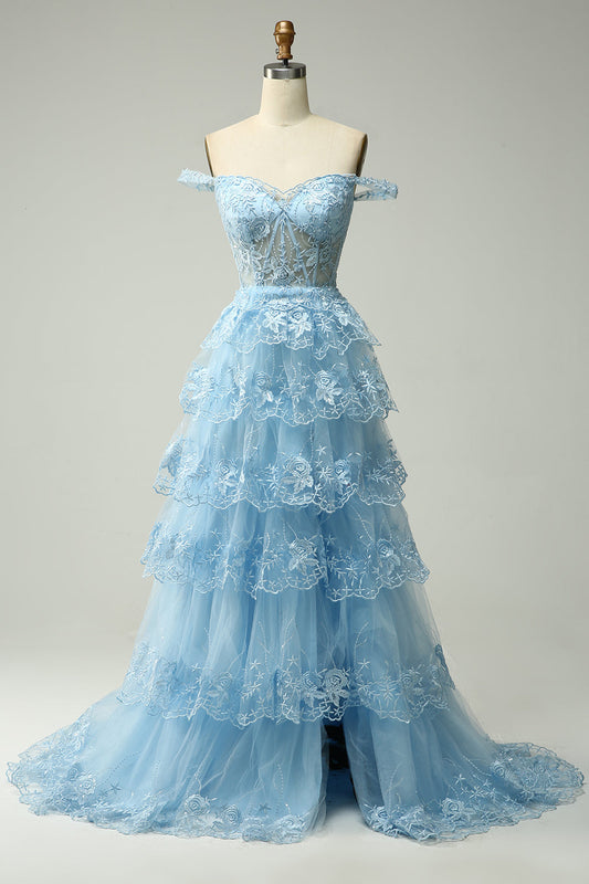Vestido de Graduación Largo Azul Princesa en Línea A con Hombros Descubiertos y Apliques
