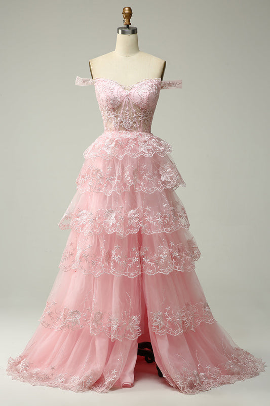 Robe de bal longue rose évasée avec appliques et épaules dénudées