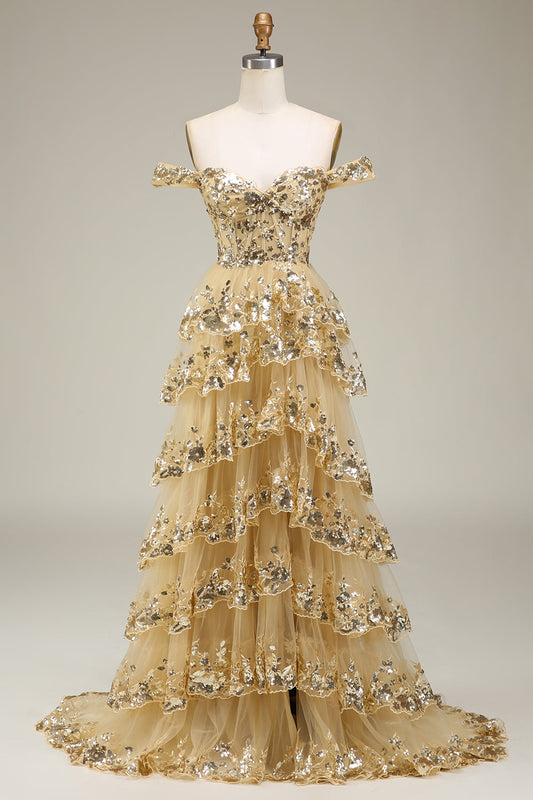 Off the Shoulder Golden Corset Tiered Prom Dress with Slit