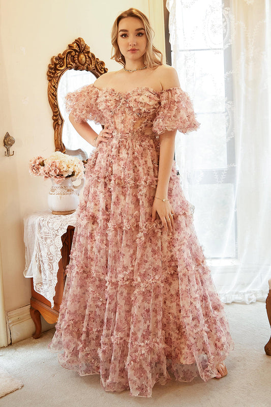 Robe de bal grande taille asymétrique ivoire à fleurs rouges