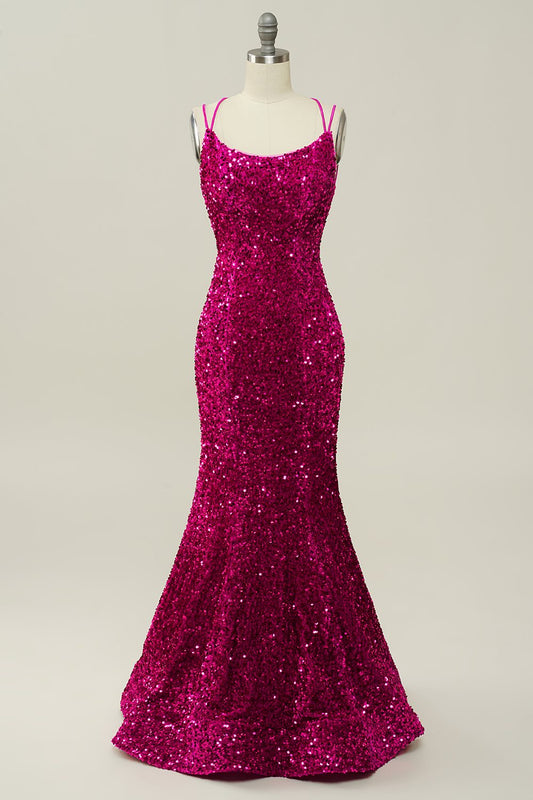 Robe de bal sirène à paillettes rose fuchsia avec fines bretelles et dos lacé