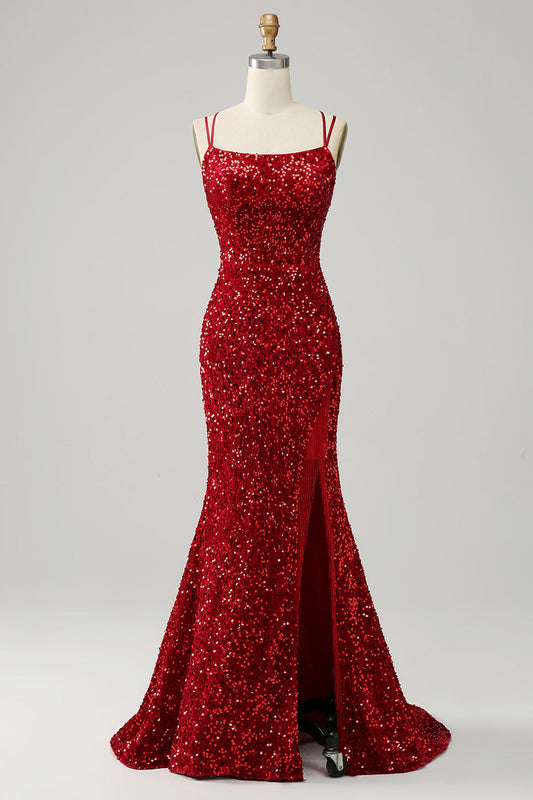 Robe de bal longue sirène dos nu à paillettes rouges