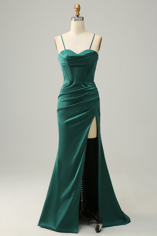 Robe de bal sirène vert foncé à fines bretelles