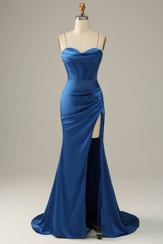 Robe de bal sirène bleu roi à fines bretelles
