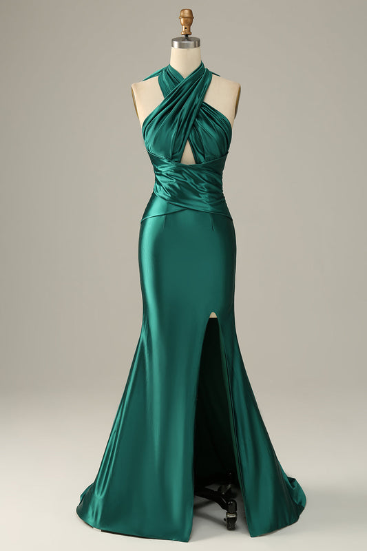 Robe de bal sirène vert foncé à lacets avec fente